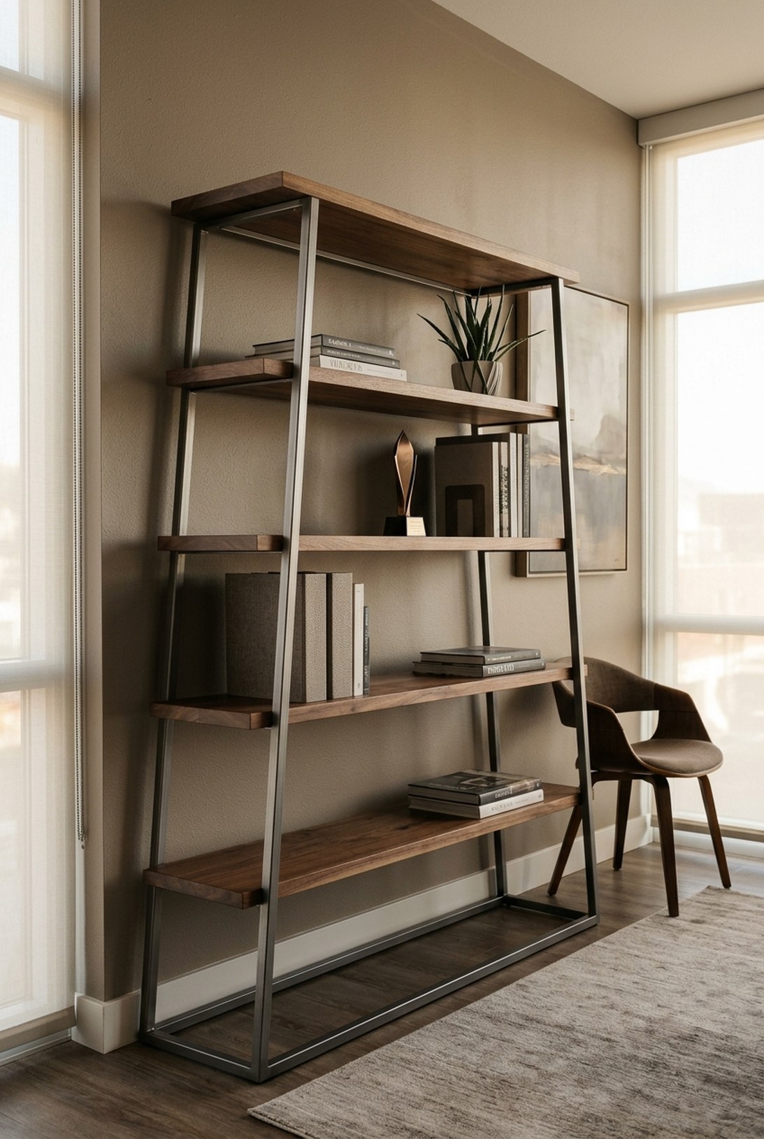 Solid walnut and steel freestanding office shelving used as a room divider — Fargo Woodworks