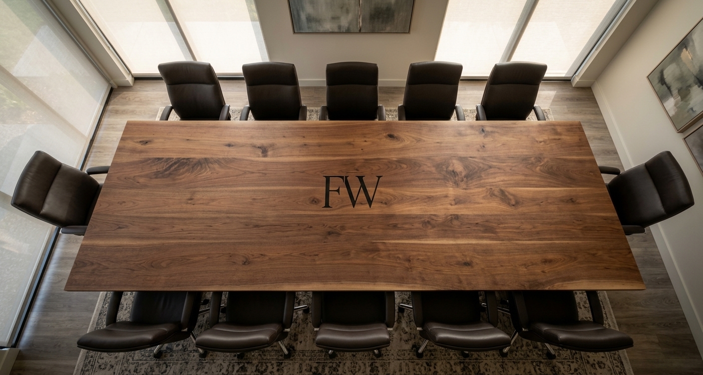 Engraved Fargo Woodworks emblem in a Black Walnut conference table