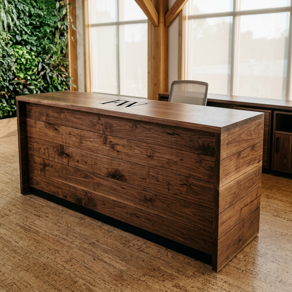 Fargo Woodworks emblem engraved into a Black Walnut conference table