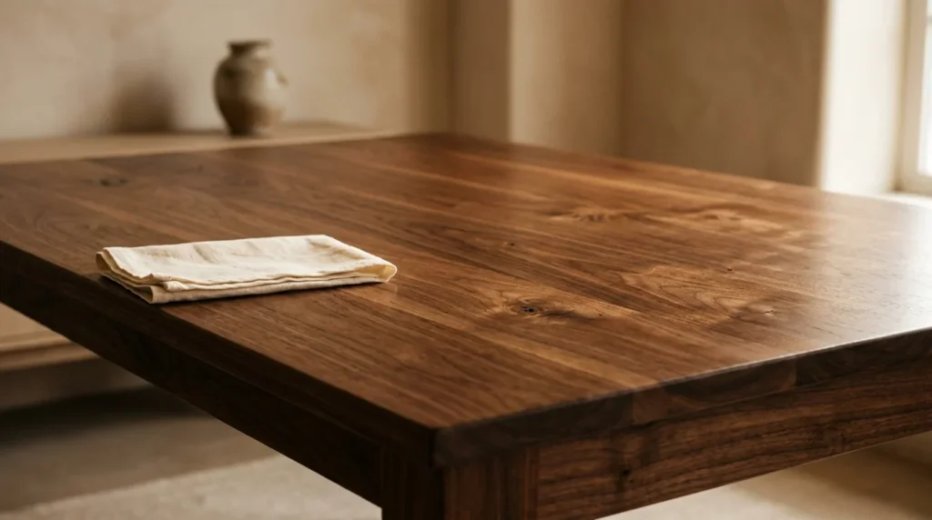 Hand-finished Black Walnut dining table in warm morning light with linen cloth — Fargo Woodworks