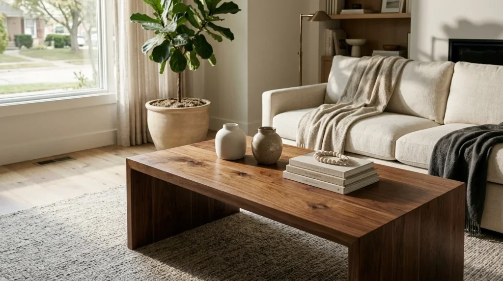 Handcrafted Black Walnut coffee table in a refined modern living room with cream linen sofa — Fargo Woodworks