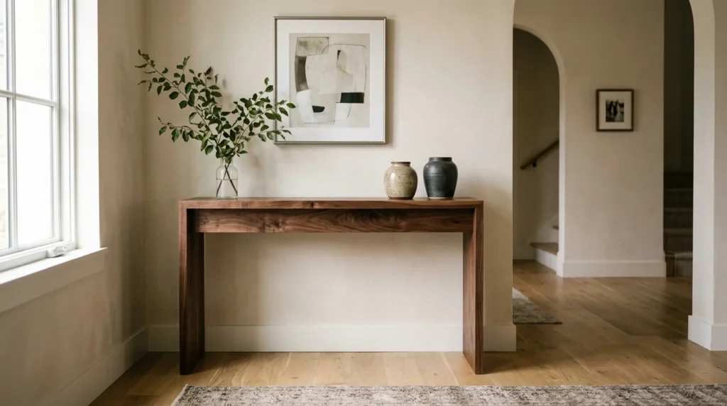 Handcrafted Black Walnut entry table against a warm plaster wall in a refined entryway — Fargo Woodworks