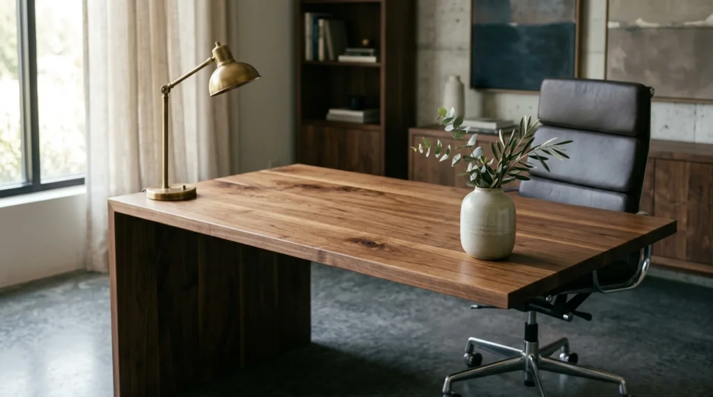 High-quality solid Black Walnut office desk in a refined modern executive office — Fargo Woodworks