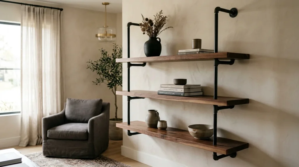 Industrial hanging pipe shelf with three Black Walnut shelves on a warm plaster wall in a modern living room — Fargo Woodworks