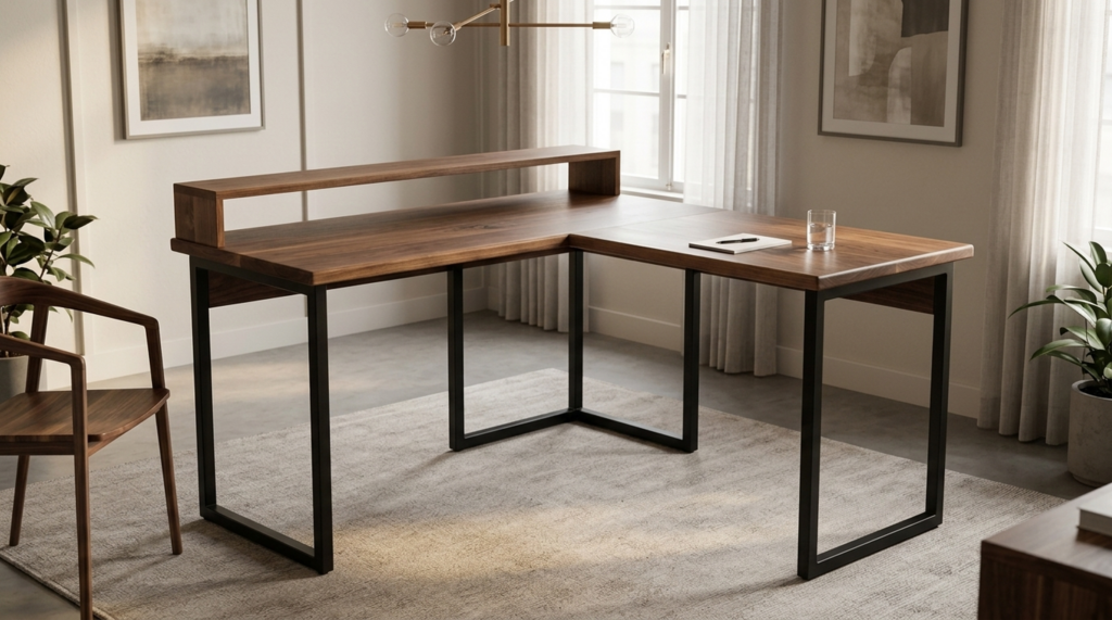 Solid walnut L-shaped executive desk with a steel base in a private office — Fargo Woodworks