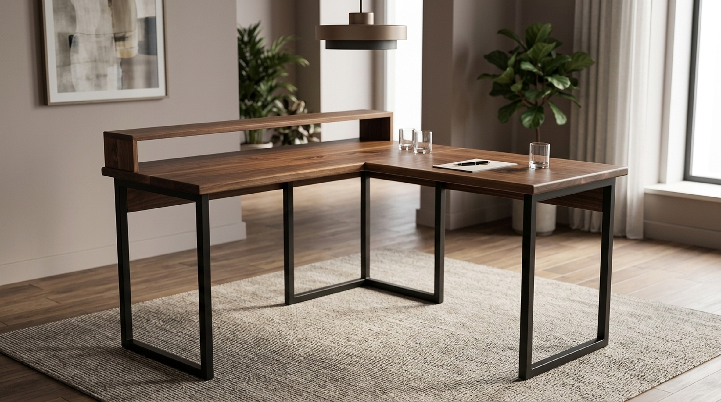 Solid walnut L-shaped executive desk showing the return — Fargo Woodworks