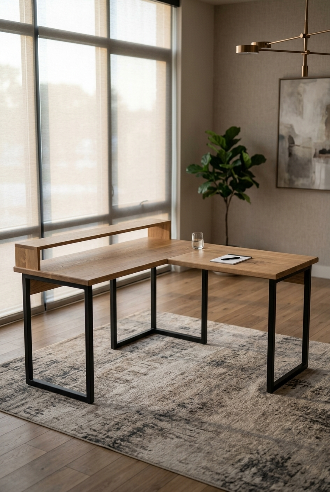Solid white oak L-shaped executive desk tucked into a corner — Fargo Woodworks