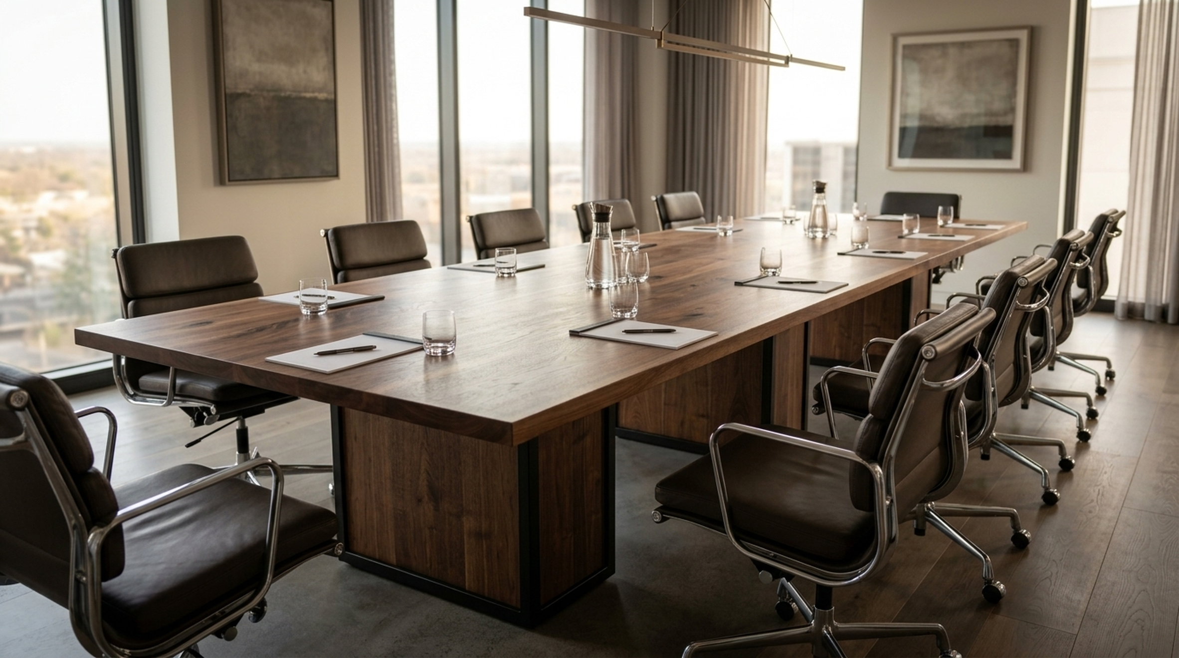 Large solid walnut conference table seating twelve in an executive boardroom with city views — Fargo Woodworks