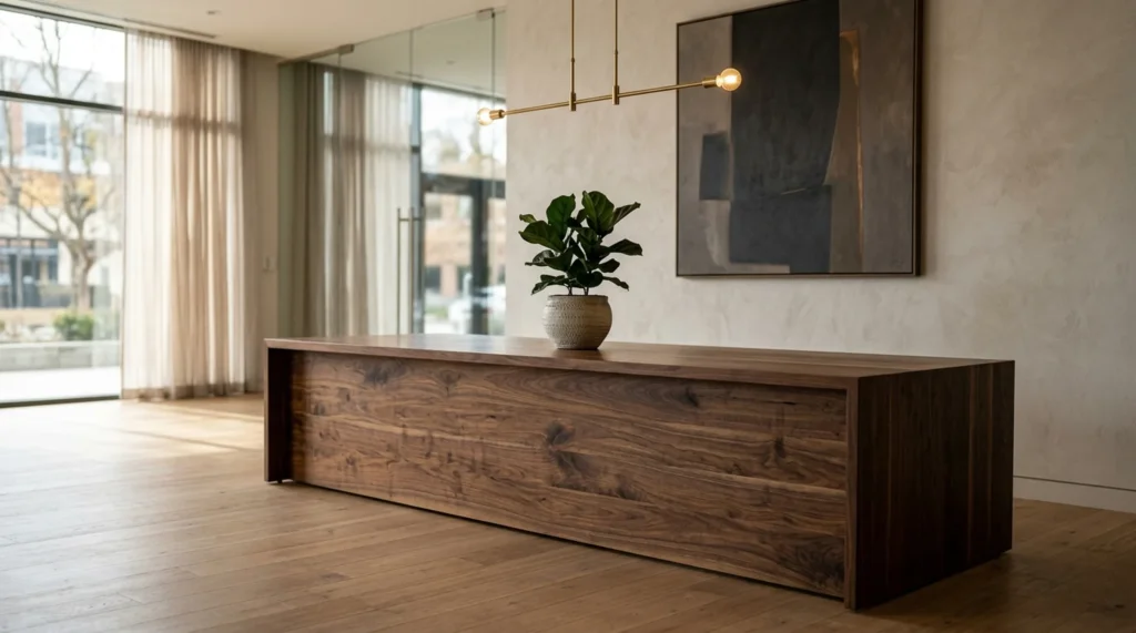 Large sleek Black Walnut reception desk in a beautifully designed corporate lobby — Fargo Woodworks