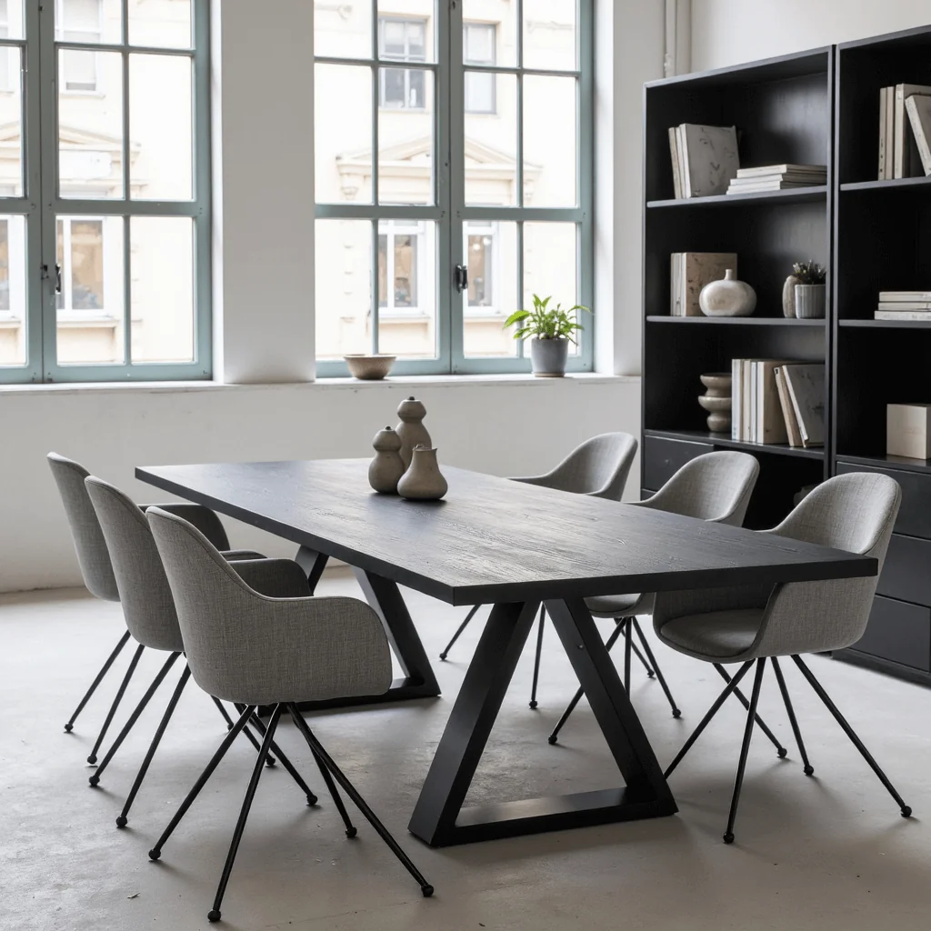 The Larsen Conference Table in a meeting room with bookshelf — Fargo Woodworks