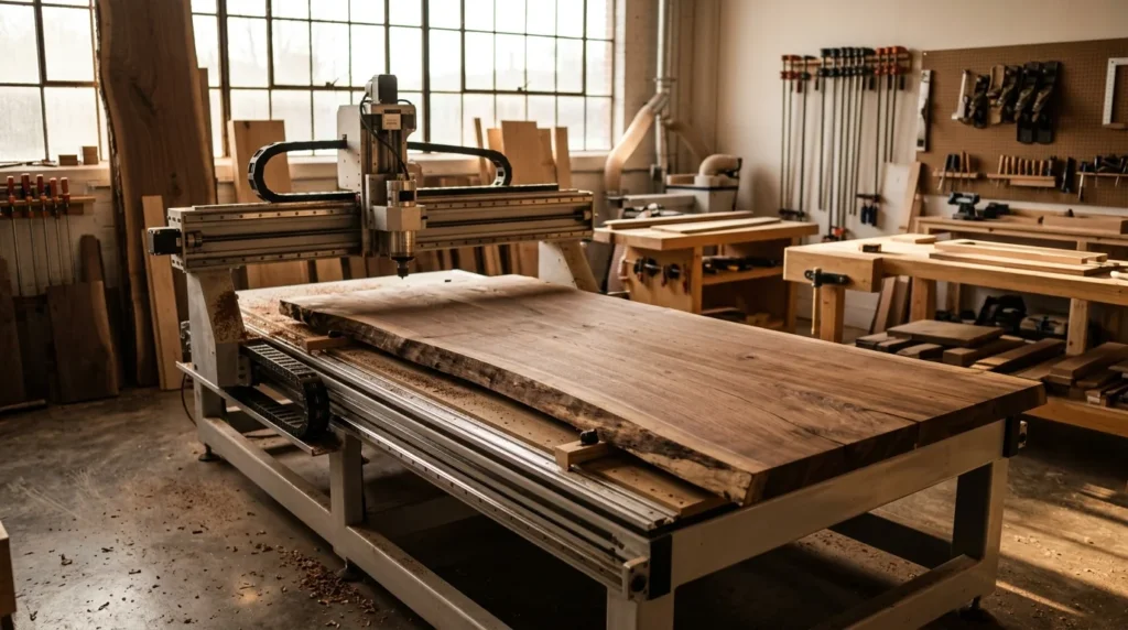 Live edge Black Walnut slab being machined on a CNC router in the Fargo Woodworks studio — Fargo Woodworks