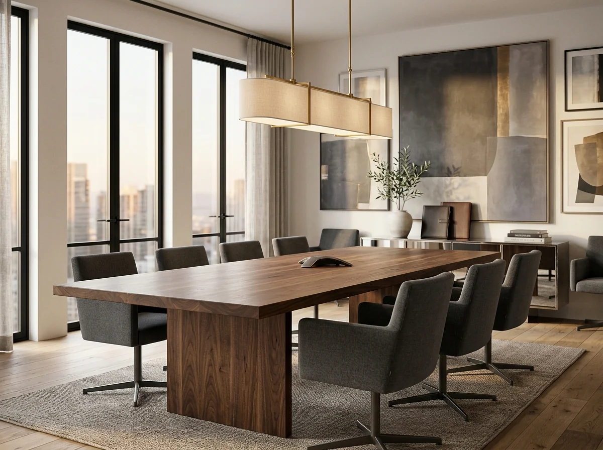 Long Black Walnut conference table beneath a brass-and-linen linear pendant in a contemporary boardroom — Fargo Woodworks