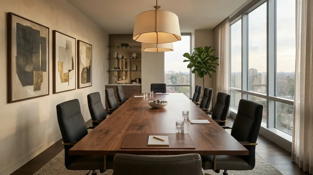 Long Black Walnut Fargo Woodworks conference table beneath a sculptural brass-and-linen pendant — Fargo Woodworks
