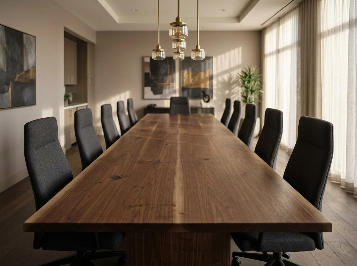 Long Black Walnut conference table in a corporate training room with twelve high-back chairs — Fargo Woodworks