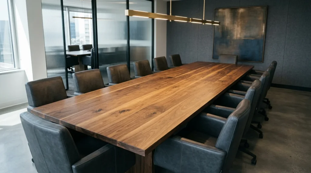 Long Black Walnut conference table for fourteen in a refined law firm boardroom — Fargo Woodworks