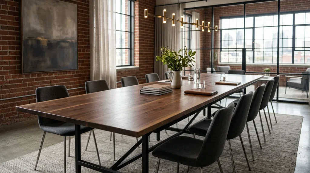 Long Black Walnut conference table with industrial steel base in a converted warehouse boardroom — Fargo Woodworks