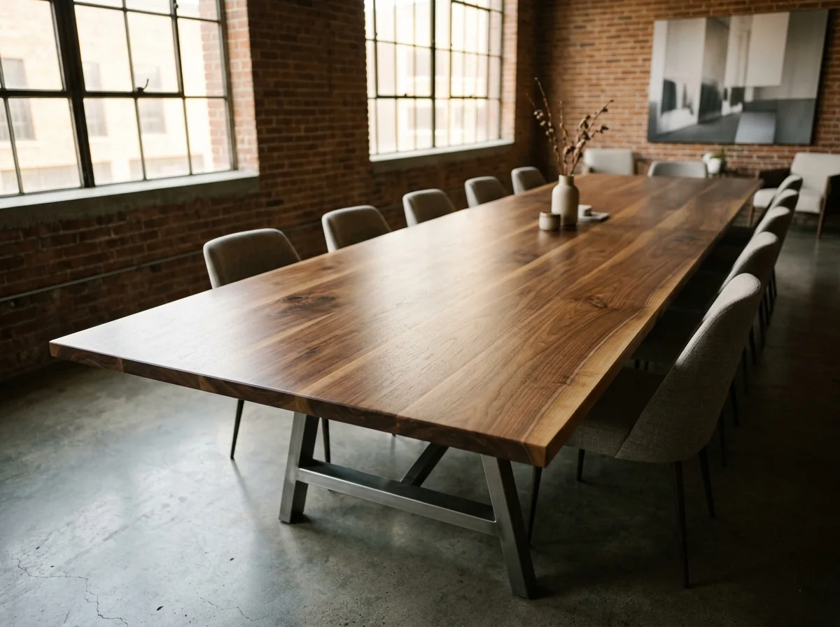 Long Black Walnut conference table with industrial steel A-frame base in a converted warehouse boardroom — Fargo Woodworks