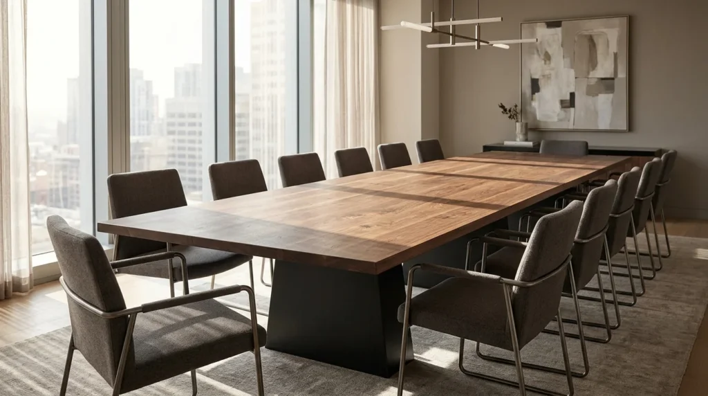 Long Black Walnut conference table with sculptural blackened-steel trapezoid base in a corporate boardroom — Fargo Woodworks