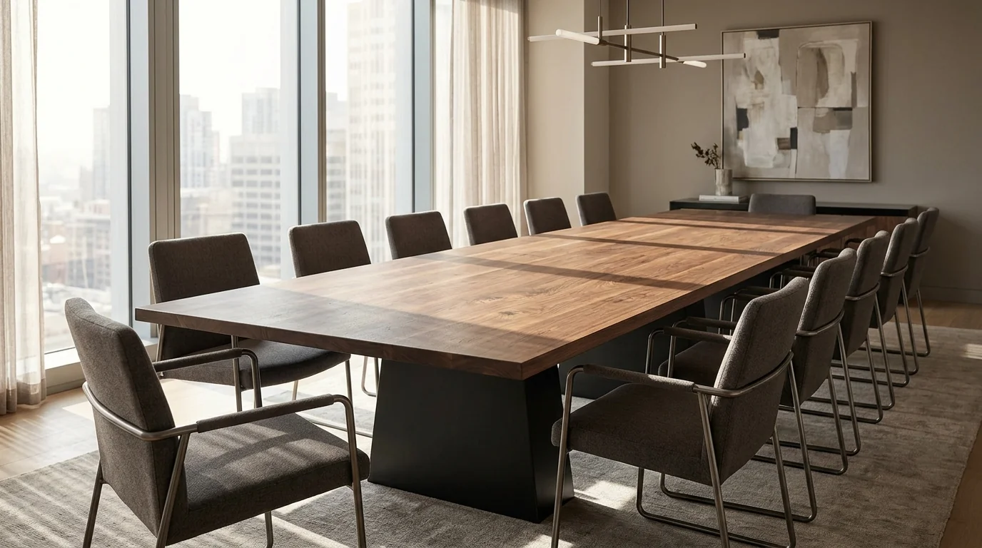 Long Black Walnut conference table with sculptural blackened-steel trapezoid base in a corporate boardroom — Fargo Woodworks