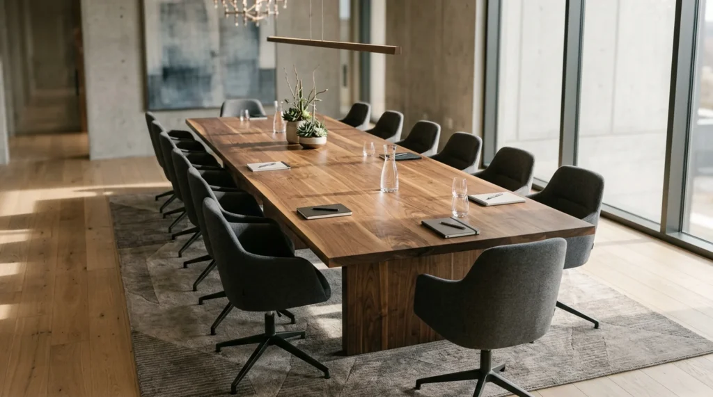 Long Black Walnut conference table for sixteen in a modern educational institution boardroom — Fargo Woodworks