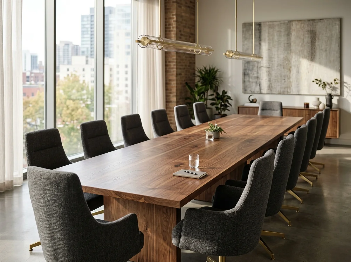 Long Black Walnut conference table in a sun-flooded modern corporate boardroom for sixteen — Fargo Woodworks