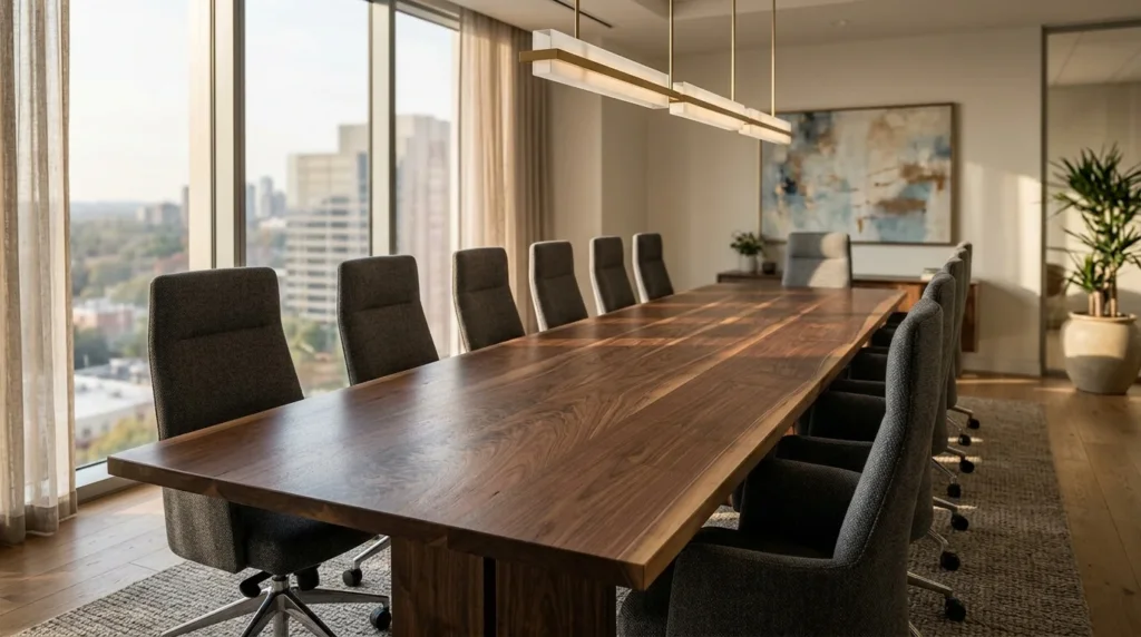 Long Black Walnut conference table in a sun-flooded modern boardroom with twelve executive chairs — Fargo Woodworks