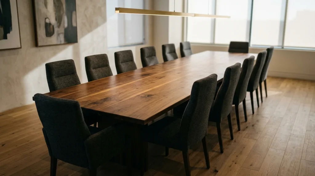 Long Black Walnut conference table for twelve with comfortable seating in a corporate boardroom — Fargo Woodworks