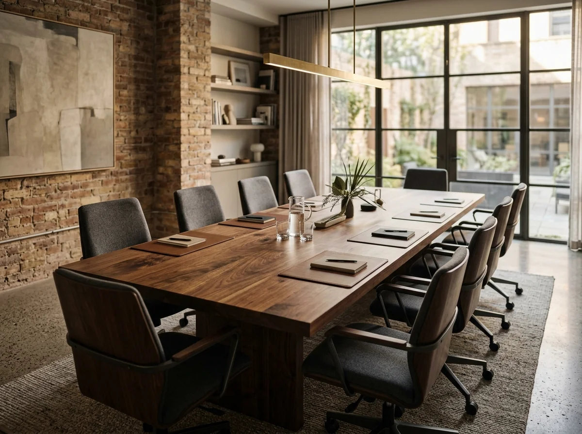 Long Black Walnut conference table for twelve in a creative studio meeting room with brass pendant — Fargo Woodworks