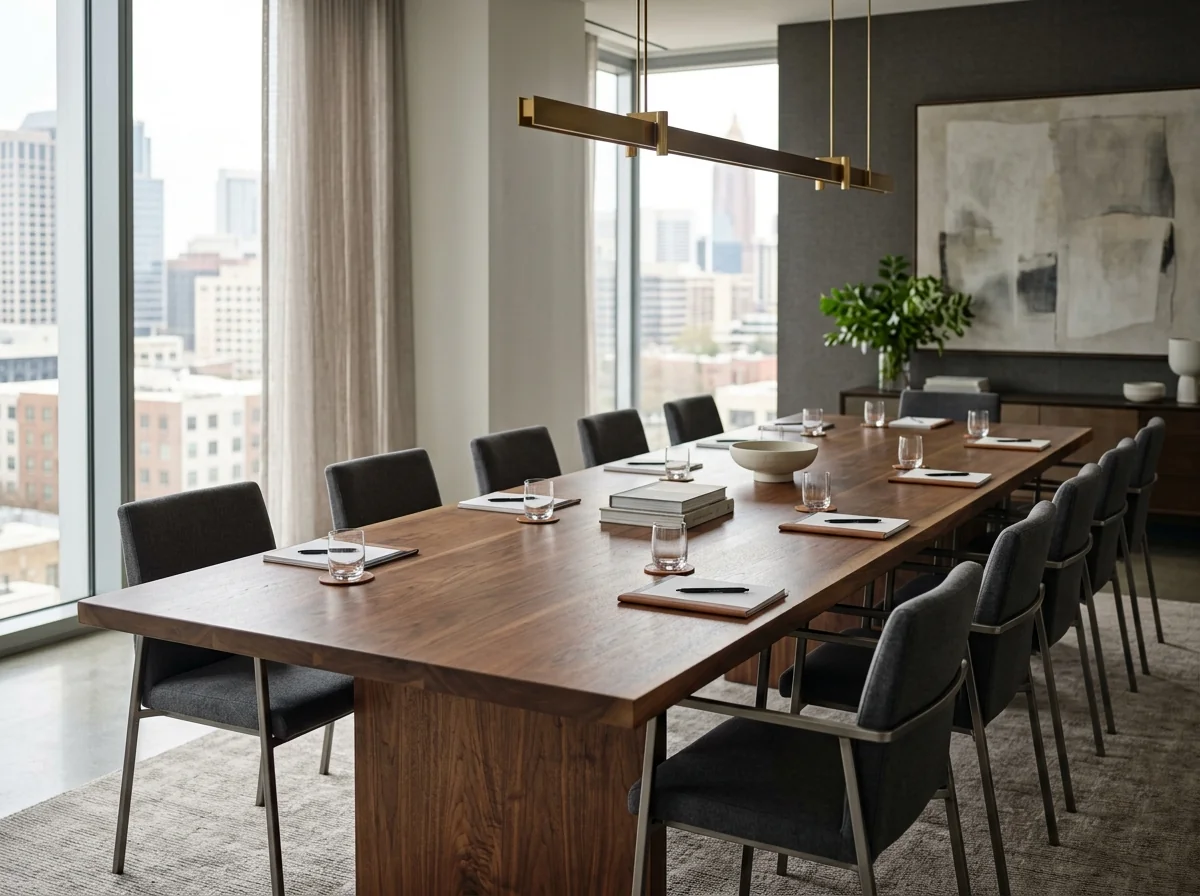 Long Black Walnut conference table for twelve in a modern corporate boardroom — Fargo Woodworks