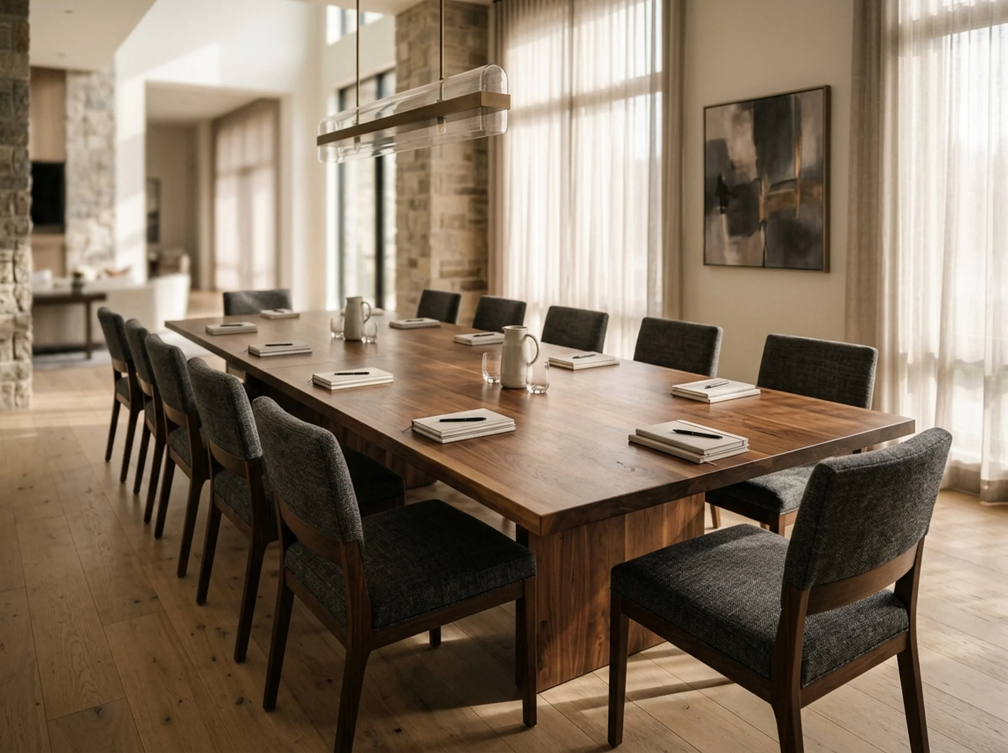 Long Black Walnut conference table for twelve in a refined educational institution boardroom — Fargo Woodworks