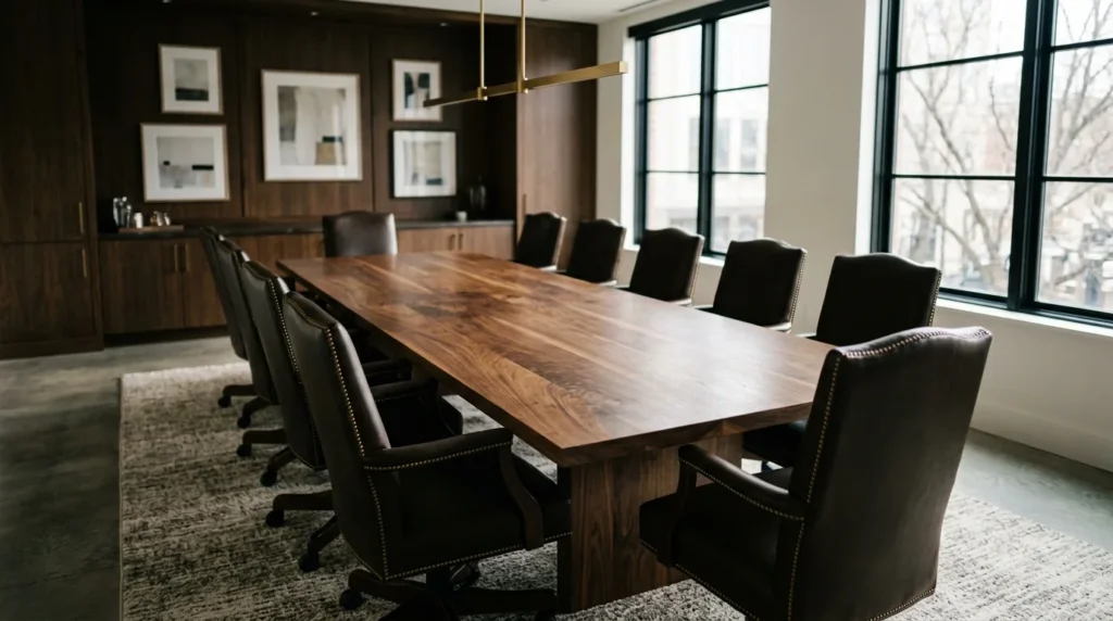 Long Black Walnut conference table for twelve in a refined law office boardroom with leather captains' chairs — Fargo Woodworks