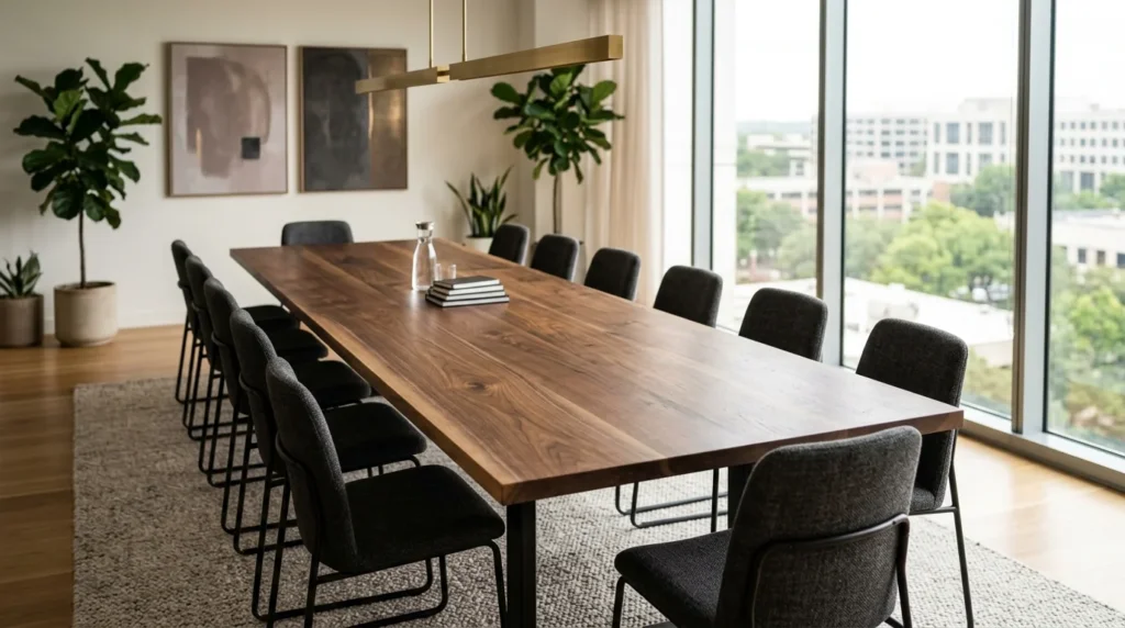 Long Black Walnut conference table for twelve in a sun-flooded modern boardroom with brass pendant — Fargo Woodworks