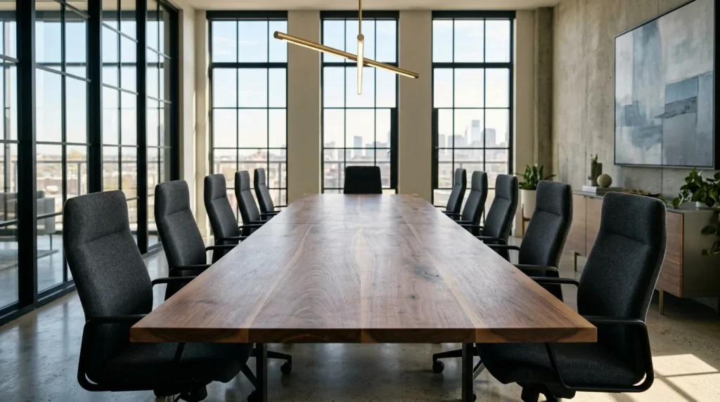 Long Black Walnut conference table for twelve in a sun-flooded modern boardroom with brass linear pendant — Fargo Woodworks