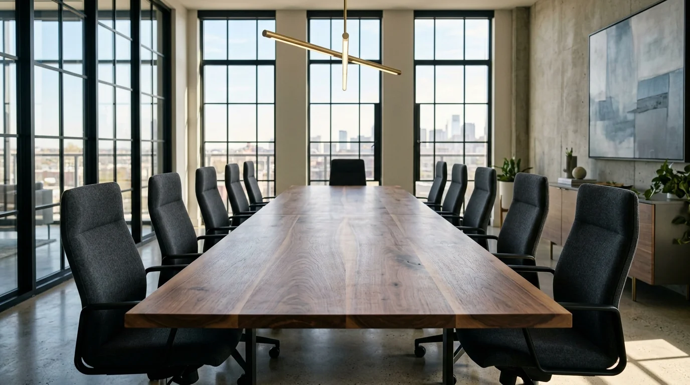 Long Black Walnut conference table for twelve in a sun-flooded modern boardroom with brass linear pendant — Fargo Woodworks