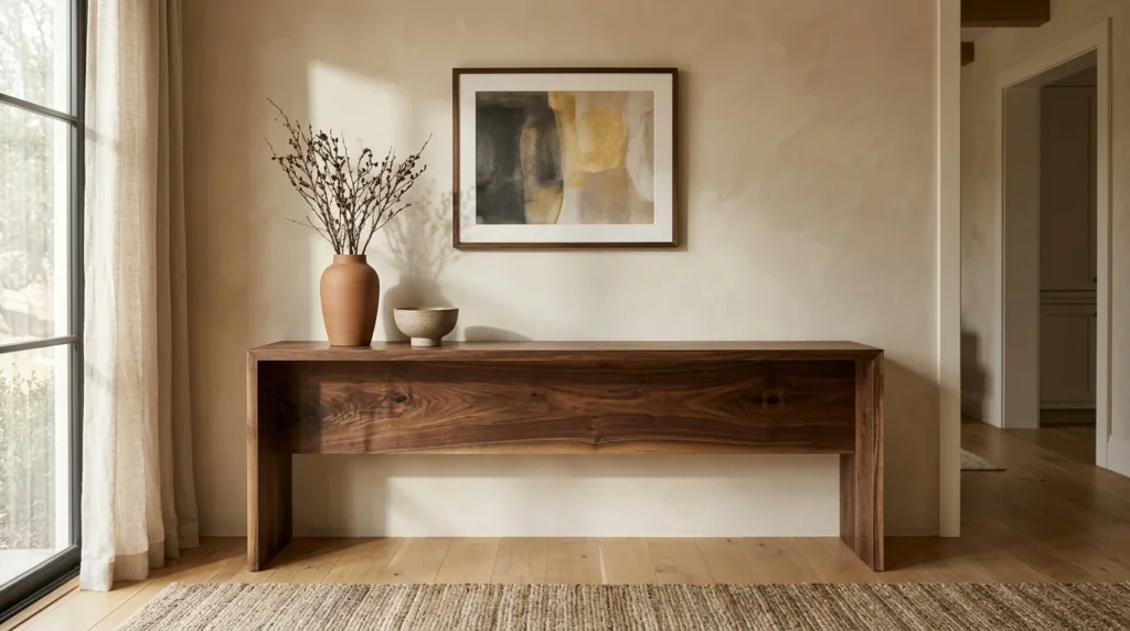 Long Black Walnut console table against a warm plaster entryway wall with ceramic vessels and curated art — Fargo Woodworks