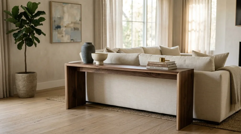 Long Black Walnut console table behind a cream linen sofa in a refined modern living room — Fargo Woodworks