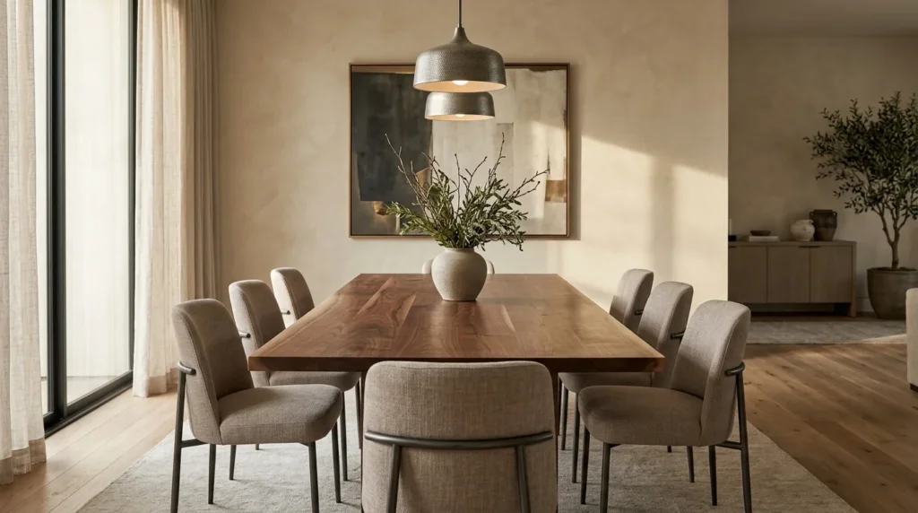 Long Black Walnut custom dining table in a quietly luxurious dining room — Fargo Woodworks
