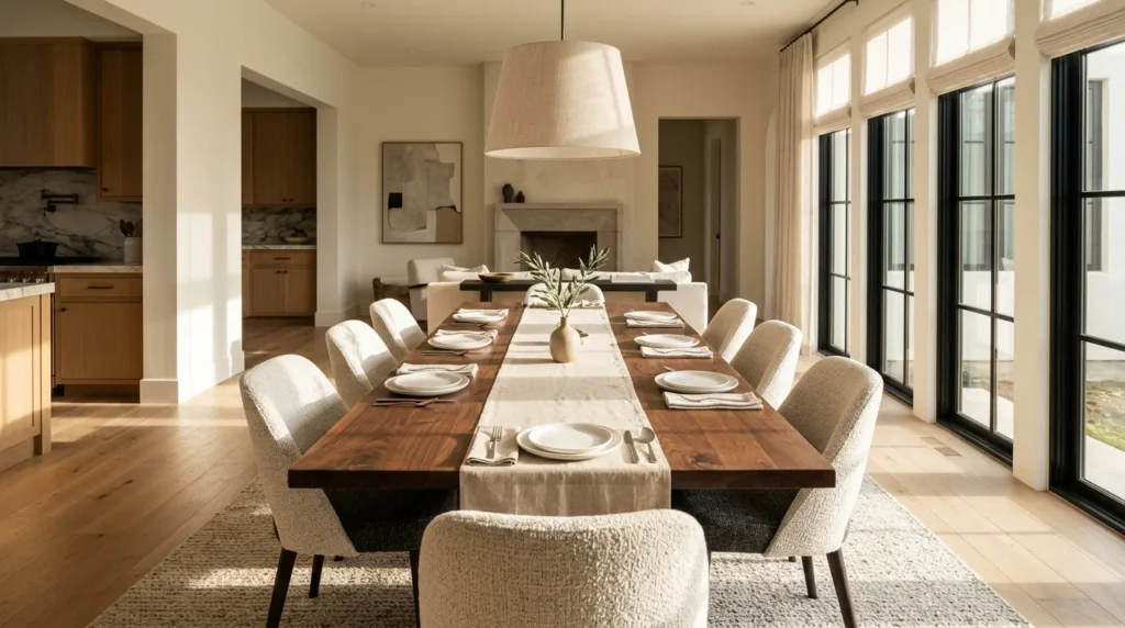 Long Black Walnut dining table set for eight in a sun-filled modern dining room — Fargo Woodworks