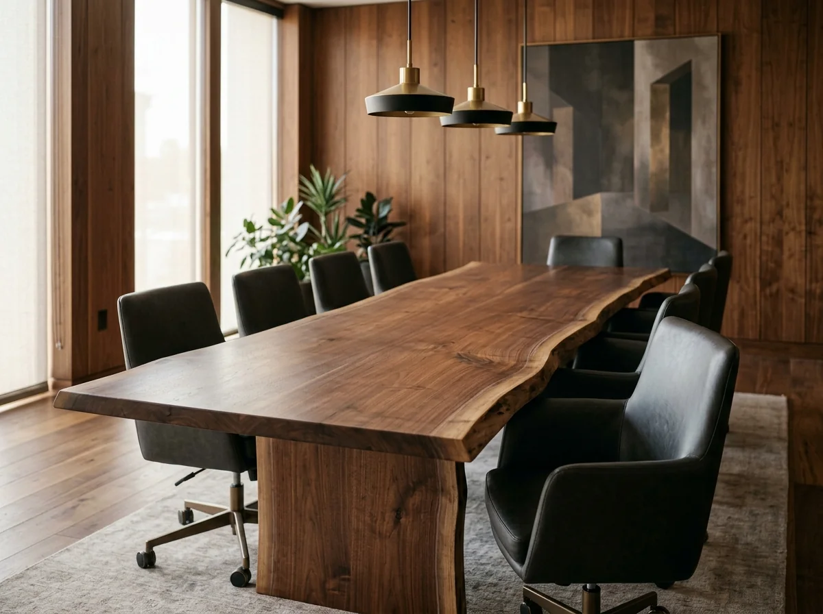 Long Black Walnut LIVE EDGE conference table for ten in a wood-paneled executive boardroom — Fargo Woodworks