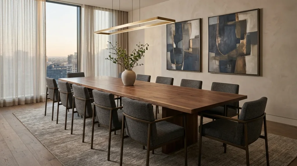 Long Black Walnut office conference table for twelve in a refined modern boardroom — Fargo Woodworks