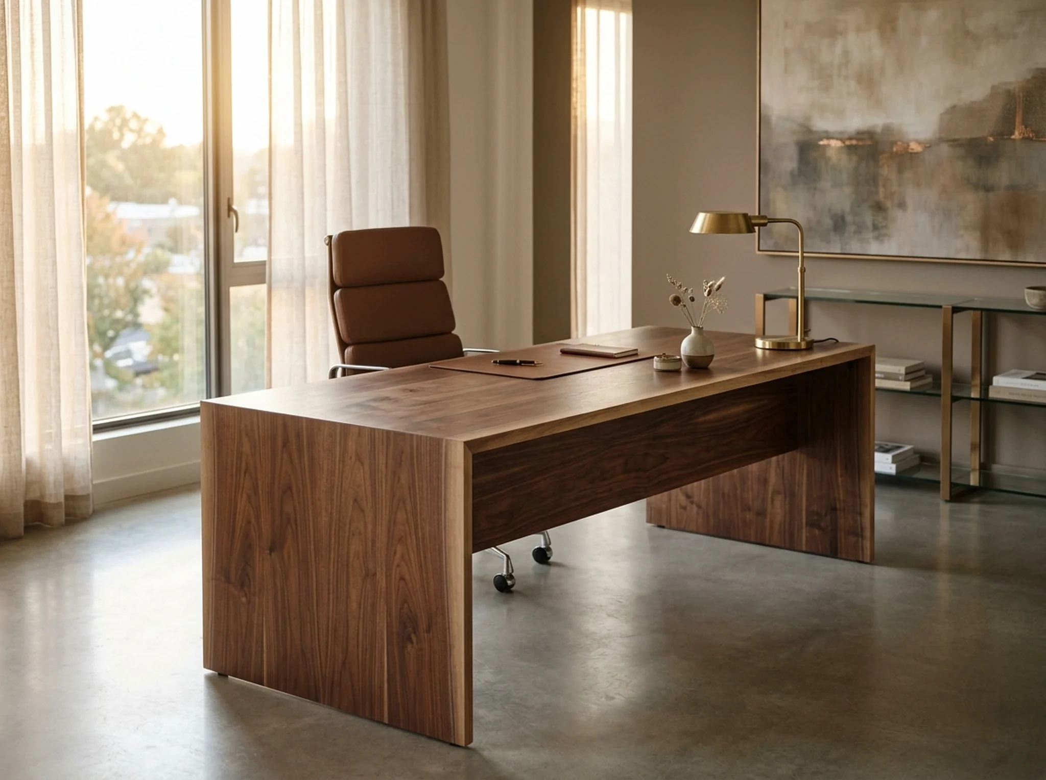 Long Black Walnut office desk in a sunlit refined office — Fargo Woodworks