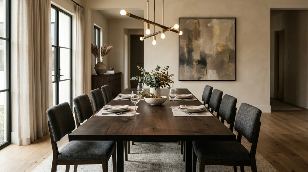 Long Black Walnut Rubio Black dining table with ten upholstered chairs and a sculptural pendant — Fargo Woodworks