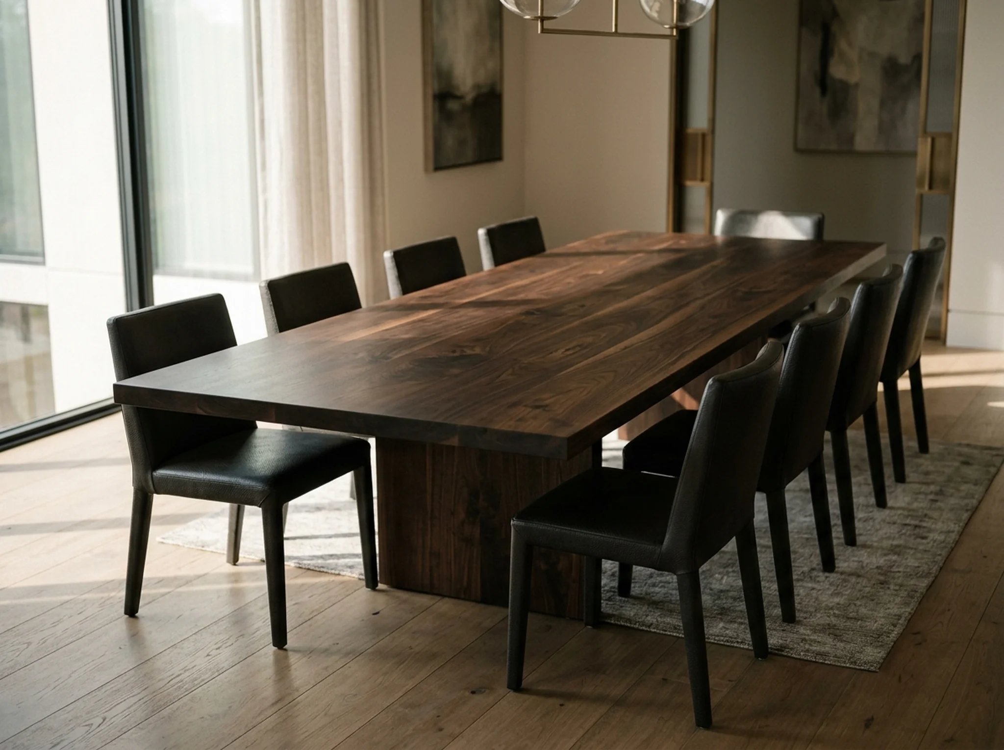 Long Black Walnut Rubio Black dining table for ten in a quietly luxurious dining room — Fargo Woodworks