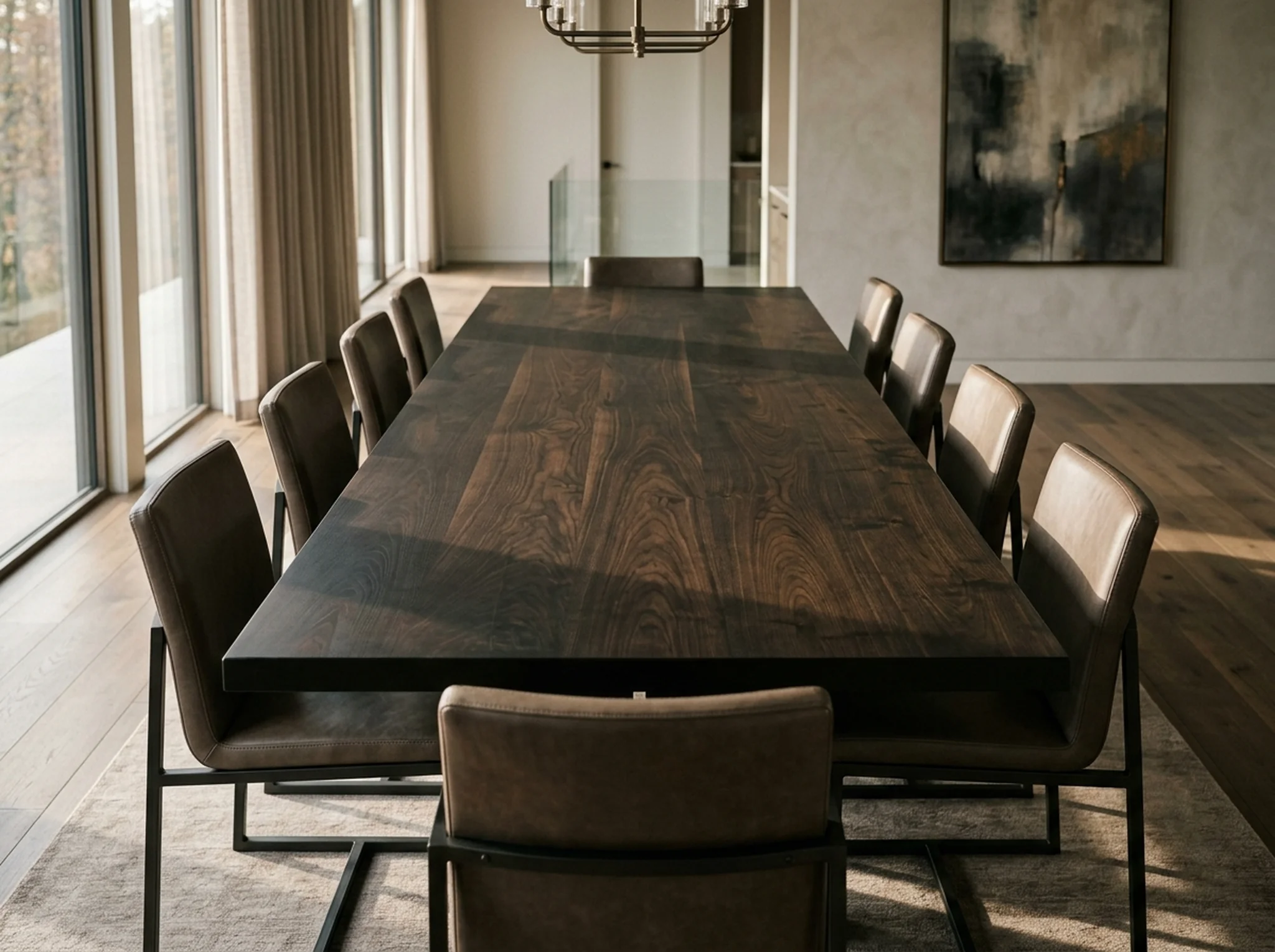 Long Black Walnut Rubio Black dining table for ten in a quietly luxurious dining room — Fargo Woodworks