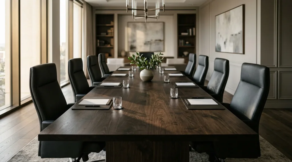 Long Black Walnut Rubio Black executive conference table for twelve in a refined law firm boardroom — Fargo Woodworks