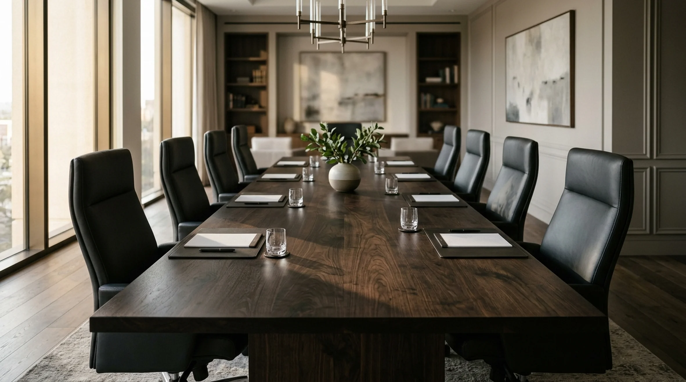 Long Black Walnut Rubio Black executive conference table for twelve in a refined law firm boardroom — Fargo Woodworks