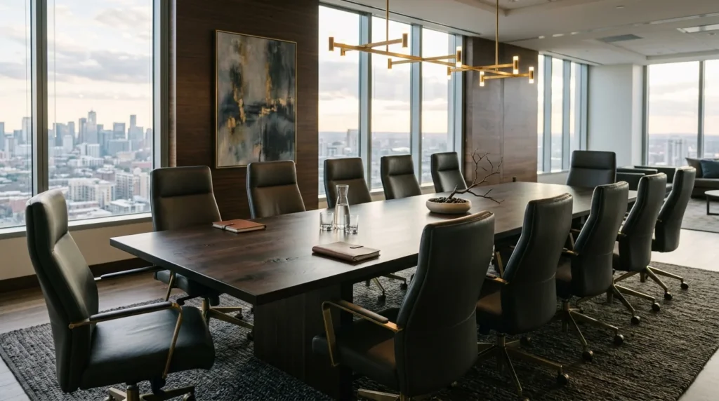 Long Black Walnut Rubio Black executive conference table in a polished financial boardroom — Fargo Woodworks