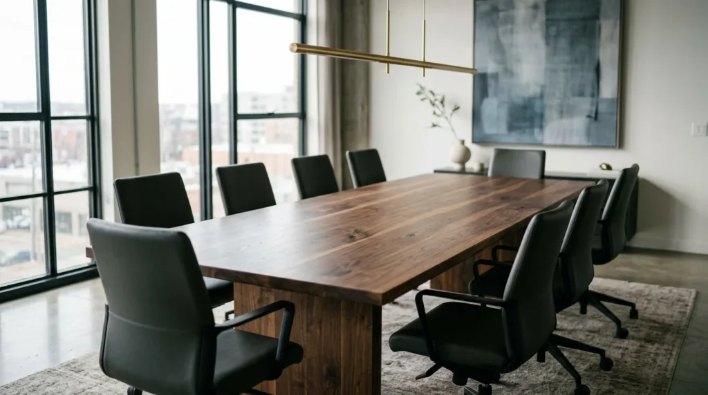 Long Black Walnut solid wood conference table in a beautifully designed modern boardroom — Fargo Woodworks