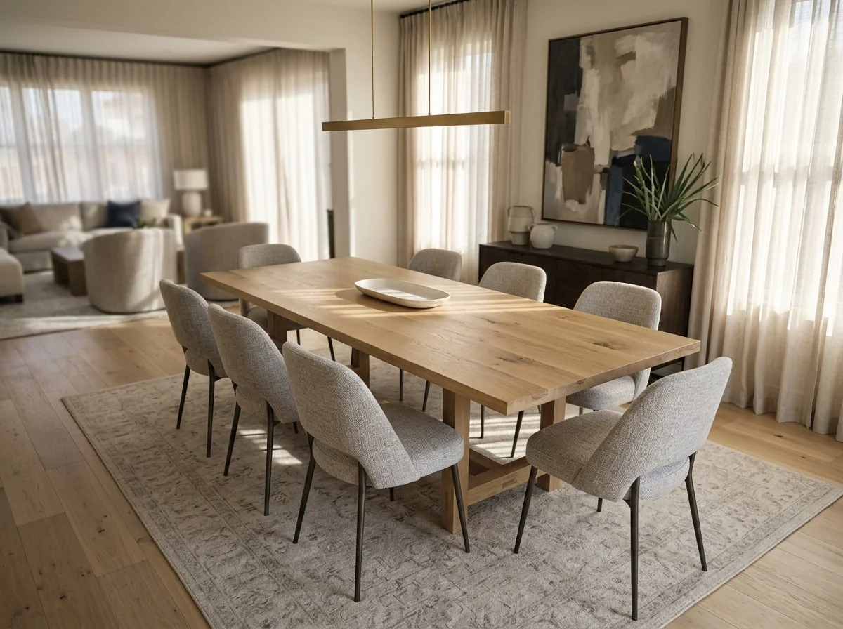 Long rectangular White Oak Rubio Natural dining table with low brass pendant — Fargo Woodworks