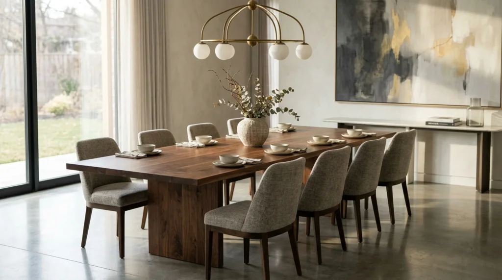 Long solid Black Walnut rectangular dining table for ten in a sunlit modern dining room — Fargo Woodworks